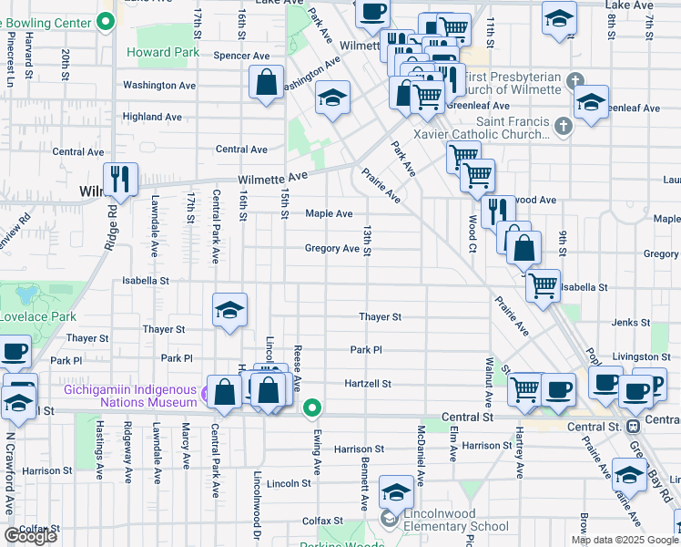 map of restaurants, bars, coffee shops, grocery stores, and more near 2734 Isabella Street in Evanston