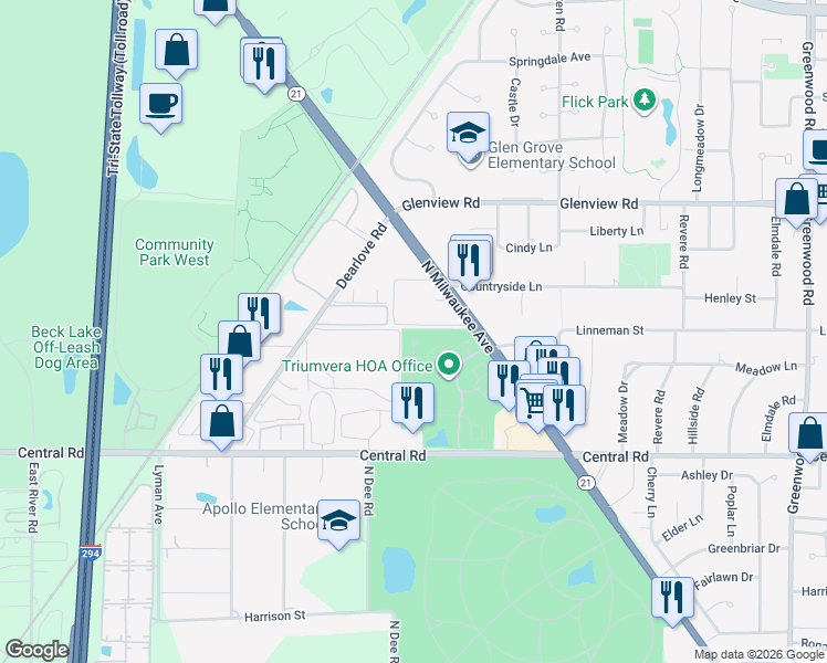 map of restaurants, bars, coffee shops, grocery stores, and more near 4107 Florence Way in Glenview