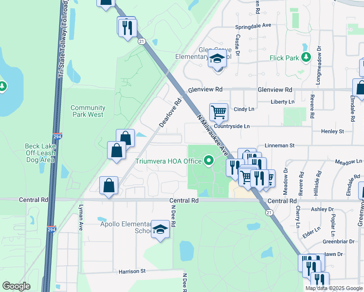 map of restaurants, bars, coffee shops, grocery stores, and more near 10389 Forum Square in Glenview