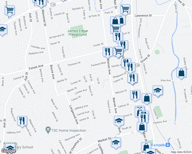 map of restaurants, bars, coffee shops, grocery stores, and more near 17 1st Street in Brockton