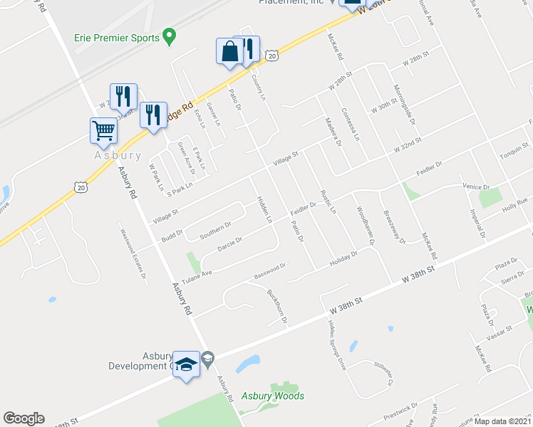map of restaurants, bars, coffee shops, grocery stores, and more near 3136 Hidden Lane in Erie