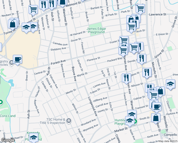 map of restaurants, bars, coffee shops, grocery stores, and more near 145 Myrtle Street in Brockton