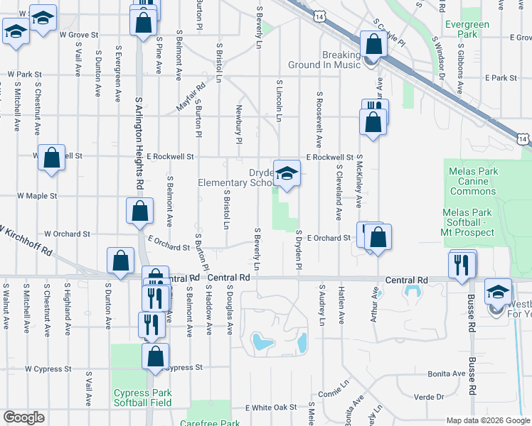 map of restaurants, bars, coffee shops, grocery stores, and more near 824 South Beverly Lane in Arlington Heights