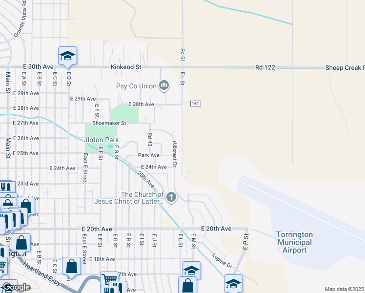 map of restaurants, bars, coffee shops, grocery stores, and more near 2345 East L Street in Torrington