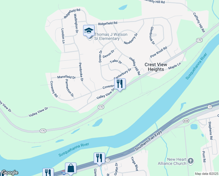map of restaurants, bars, coffee shops, grocery stores, and more near 17 Coventry Road in Endicott