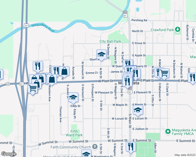 map of restaurants, bars, coffee shops, grocery stores, and more near 501-599 W Platt St in Maquoketa