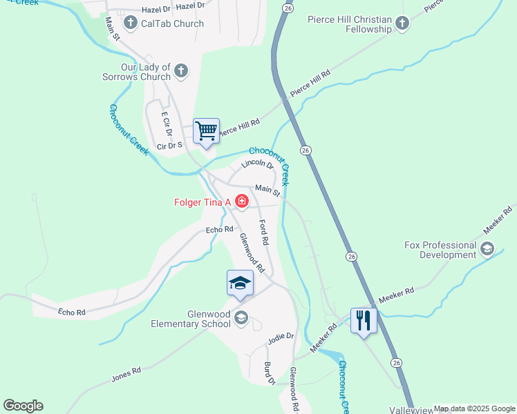 map of restaurants, bars, coffee shops, grocery stores, and more near Raiford Road in Vestal