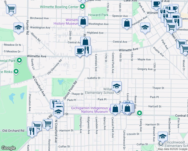 map of restaurants, bars, coffee shops, grocery stores, and more near 3118 Isabella Street in Evanston