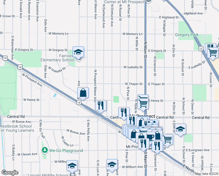 map of restaurants, bars, coffee shops, grocery stores, and more near 110 North Elmhurst Avenue in Mount Prospect