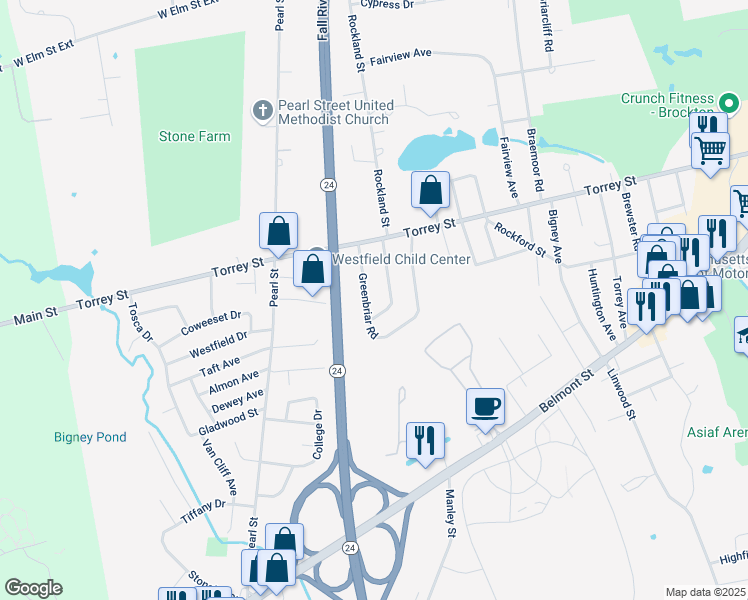 map of restaurants, bars, coffee shops, grocery stores, and more near 61 Greenbriar Road in Brockton