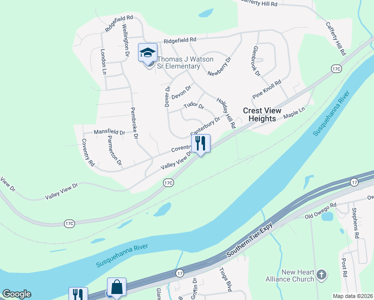 map of restaurants, bars, coffee shops, grocery stores, and more near 15 Coventry Road in Endicott