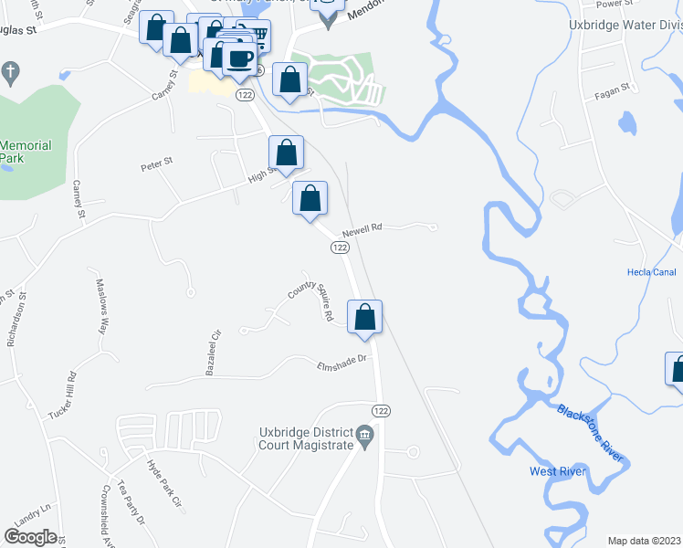 map of restaurants, bars, coffee shops, grocery stores, and more near 147 South Main Street in Uxbridge