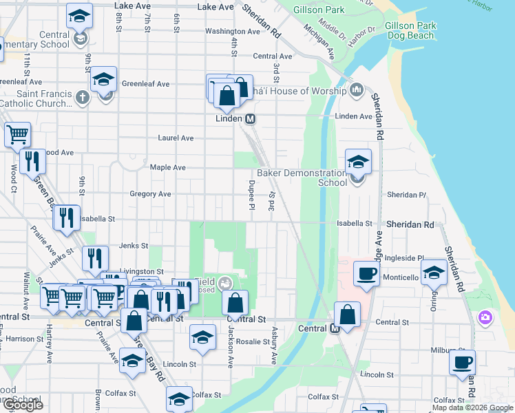 map of restaurants, bars, coffee shops, grocery stores, and more near 105 3rd Street in Wilmette