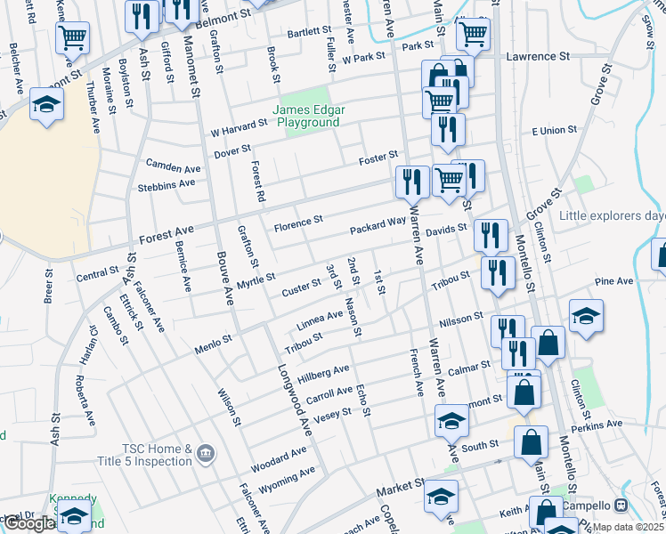 map of restaurants, bars, coffee shops, grocery stores, and more near 25 3rd Street in Brockton