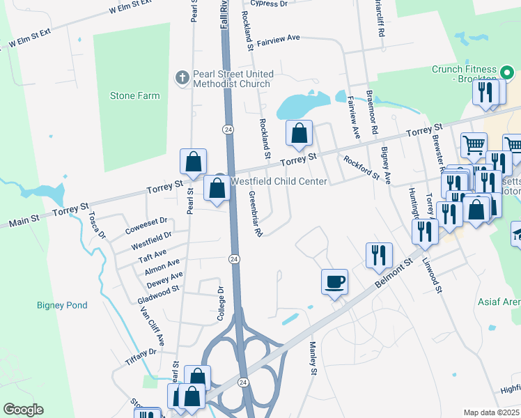 map of restaurants, bars, coffee shops, grocery stores, and more near 61 Greenbriar Road in Brockton