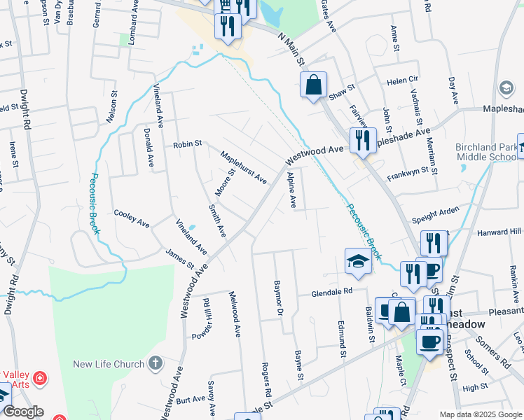 map of restaurants, bars, coffee shops, grocery stores, and more near 4 Gaskell Street in East Longmeadow