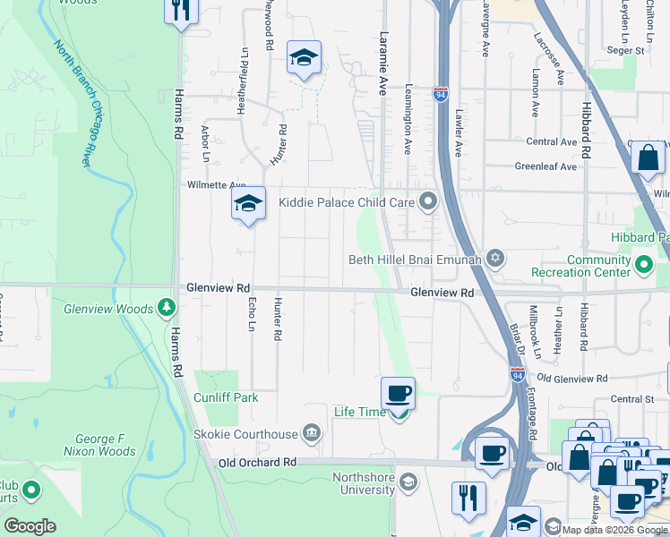 map of restaurants, bars, coffee shops, grocery stores, and more near 800 Glenwood Road in Glenview