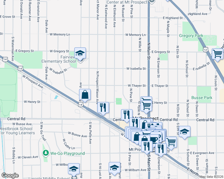 map of restaurants, bars, coffee shops, grocery stores, and more near 110 North Elmhurst Avenue in Mount Prospect