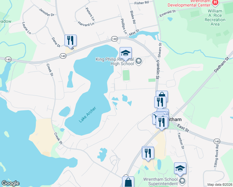 map of restaurants, bars, coffee shops, grocery stores, and more near 75 Lakeside Avenue in Wrentham