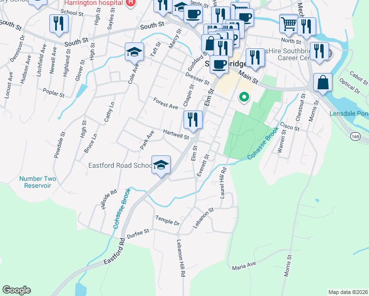 map of restaurants, bars, coffee shops, grocery stores, and more near 93 Eastford Road in Southbridge