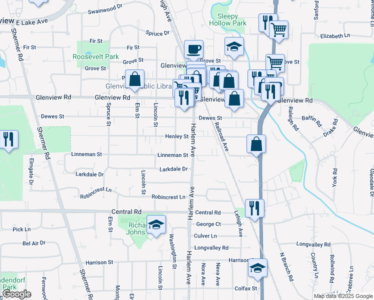 map of restaurants, bars, coffee shops, grocery stores, and more near 1910 Linneman Street in Glenview