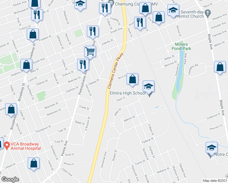 map of restaurants, bars, coffee shops, grocery stores, and more near 323 Sutton Street in Elmira