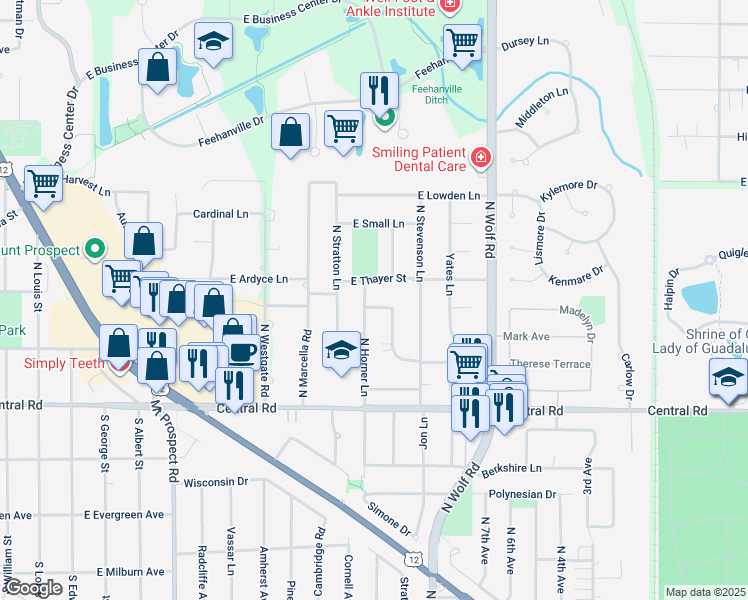 map of restaurants, bars, coffee shops, grocery stores, and more near 125 North Horner Lane in Mount Prospect
