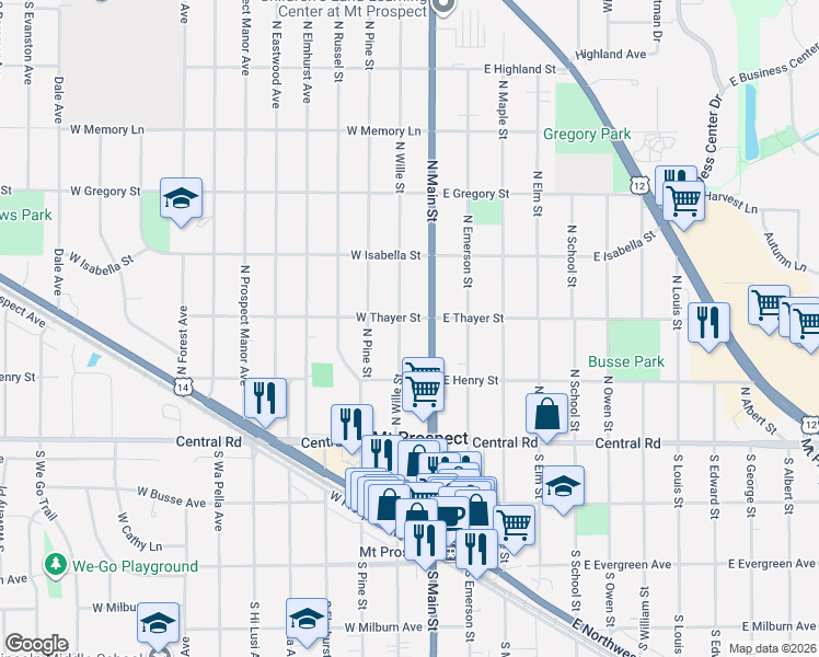 map of restaurants, bars, coffee shops, grocery stores, and more near 111 North Wille Street in Mount Prospect