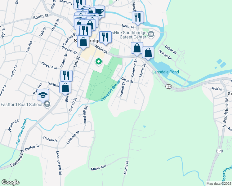map of restaurants, bars, coffee shops, grocery stores, and more near 54 Roger Street in Southbridge