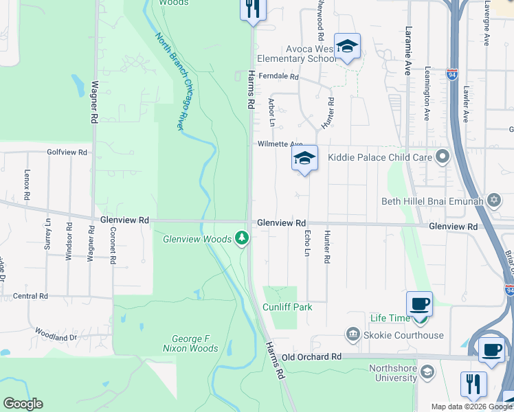 map of restaurants, bars, coffee shops, grocery stores, and more near 446 Glenview Road in Glenview