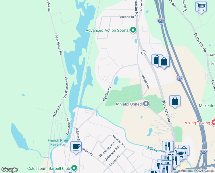 map of restaurants, bars, coffee shops, grocery stores, and more near 35 Bigelow Road in Webster