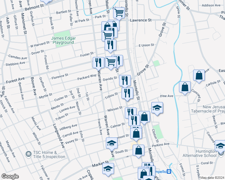 map of restaurants, bars, coffee shops, grocery stores, and more near 21 Sheppard Street in Brockton