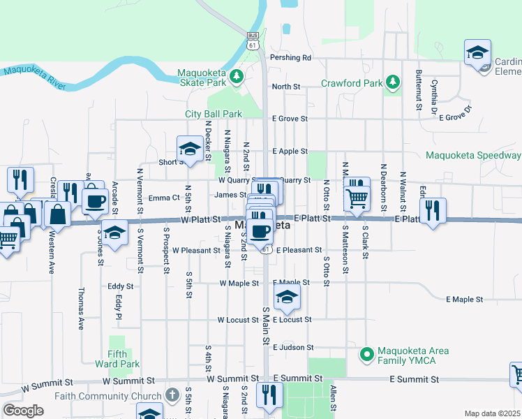 map of restaurants, bars, coffee shops, grocery stores, and more near 112 North Main Street in Maquoketa