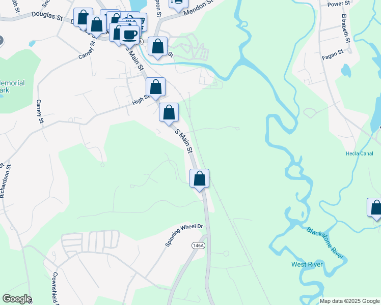map of restaurants, bars, coffee shops, grocery stores, and more near 147 South Main Street in Uxbridge