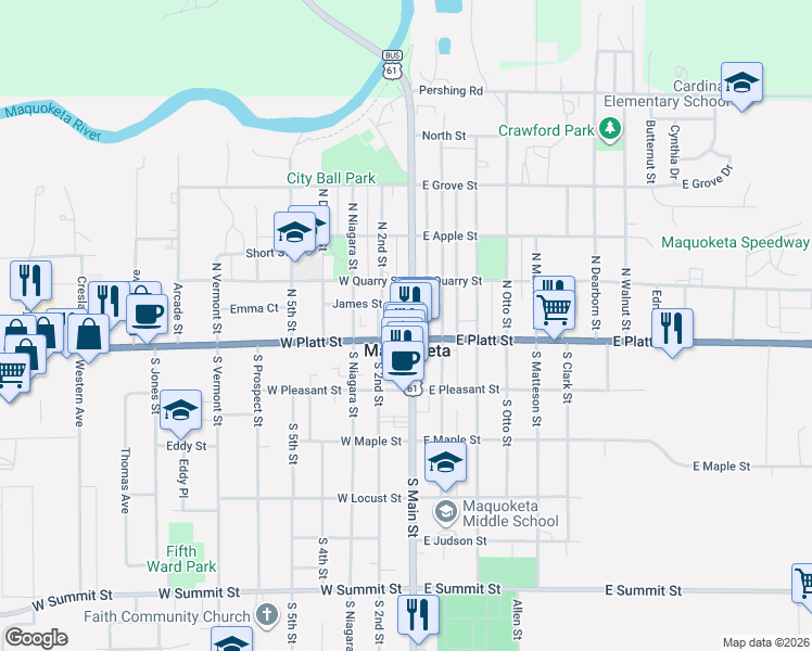 map of restaurants, bars, coffee shops, grocery stores, and more near 116 North Main Street in Maquoketa