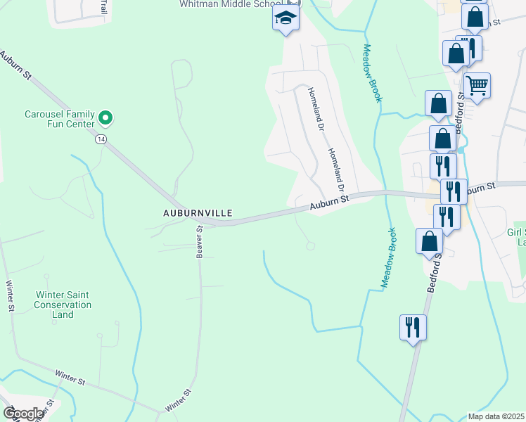 map of restaurants, bars, coffee shops, grocery stores, and more near 777 Auburn Street in Whitman