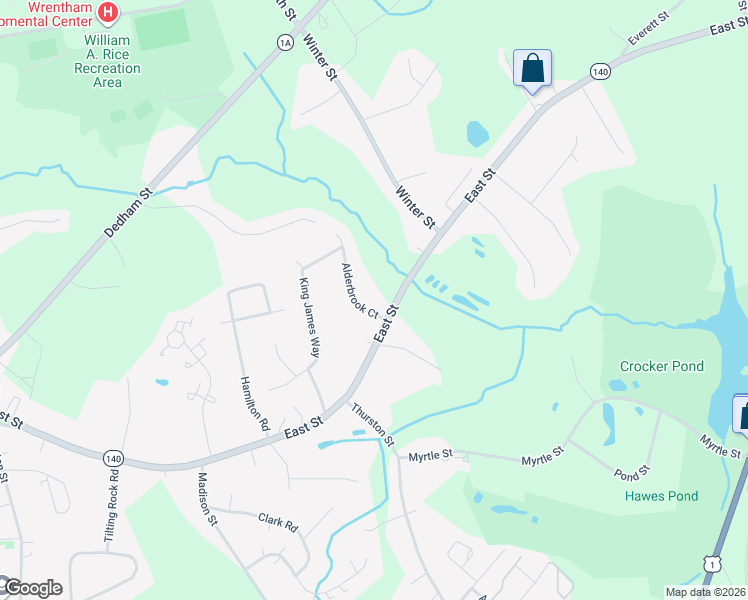 map of restaurants, bars, coffee shops, grocery stores, and more near 443 East Street in Wrentham