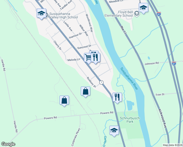 map of restaurants, bars, coffee shops, grocery stores, and more near 6 Stratford Street in Conklin