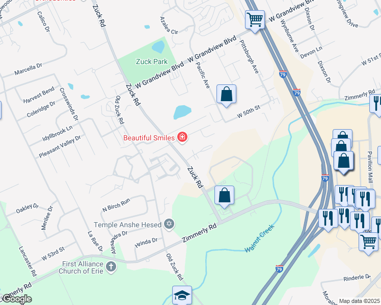 map of restaurants, bars, coffee shops, grocery stores, and more near 2438 Palermo Drive in Erie
