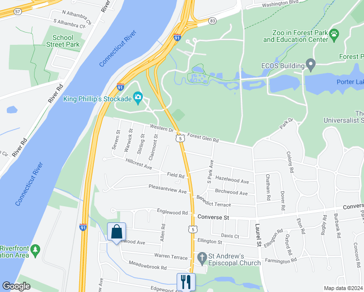 map of restaurants, bars, coffee shops, grocery stores, and more near 43 Longmeadow Street in Longmeadow