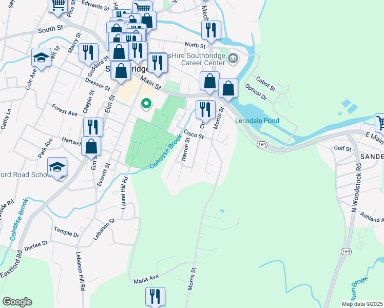 map of restaurants, bars, coffee shops, grocery stores, and more near 144 Chestnut Street in Southbridge