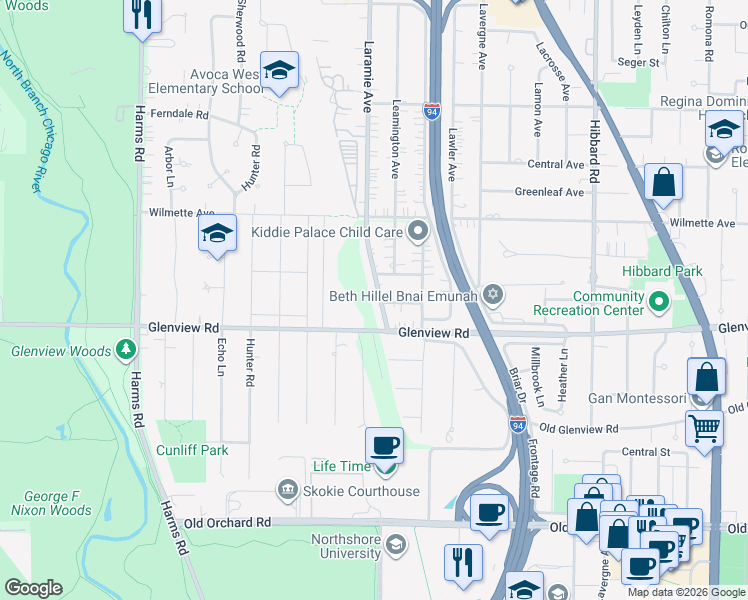 map of restaurants, bars, coffee shops, grocery stores, and more near 120 Glenview Road in Glenview