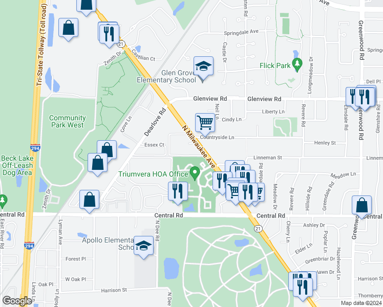 map of restaurants, bars, coffee shops, grocery stores, and more near 4000 Triumvera Drive in Glenview