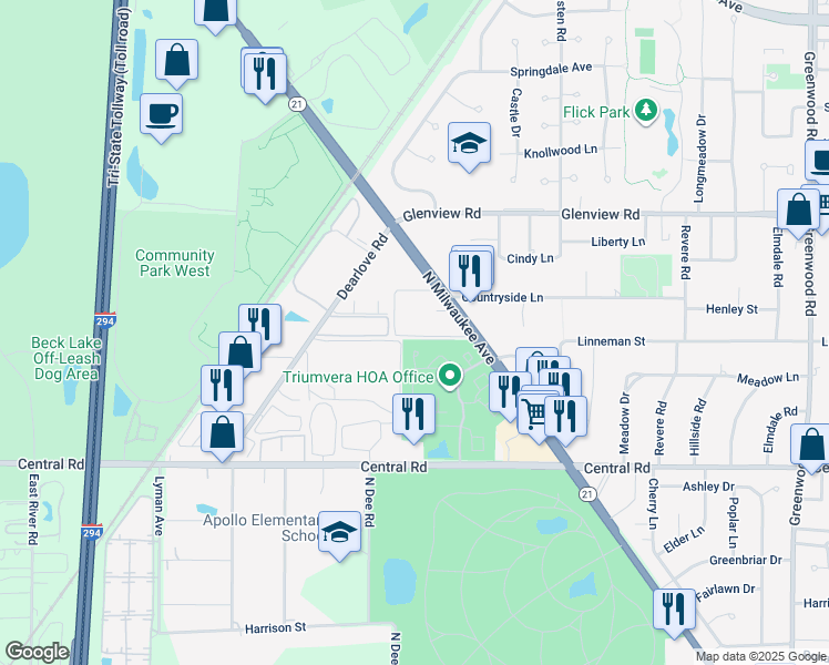 map of restaurants, bars, coffee shops, grocery stores, and more near 4107 Florence Way in Glenview