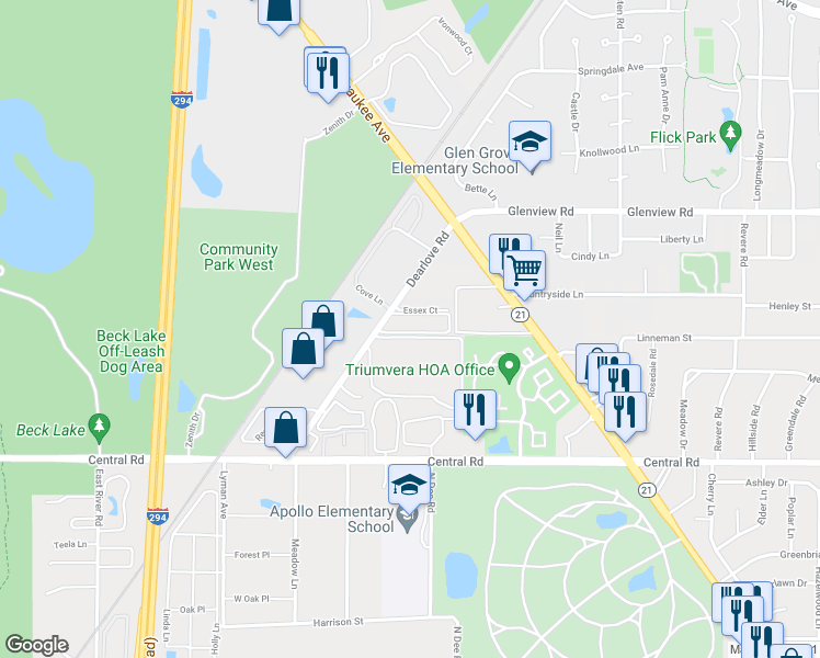 map of restaurants, bars, coffee shops, grocery stores, and more near 10377 Dearlove Road in Glenview