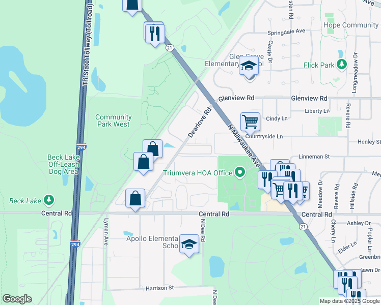 map of restaurants, bars, coffee shops, grocery stores, and more near 10377 Dearlove Road in Glenview