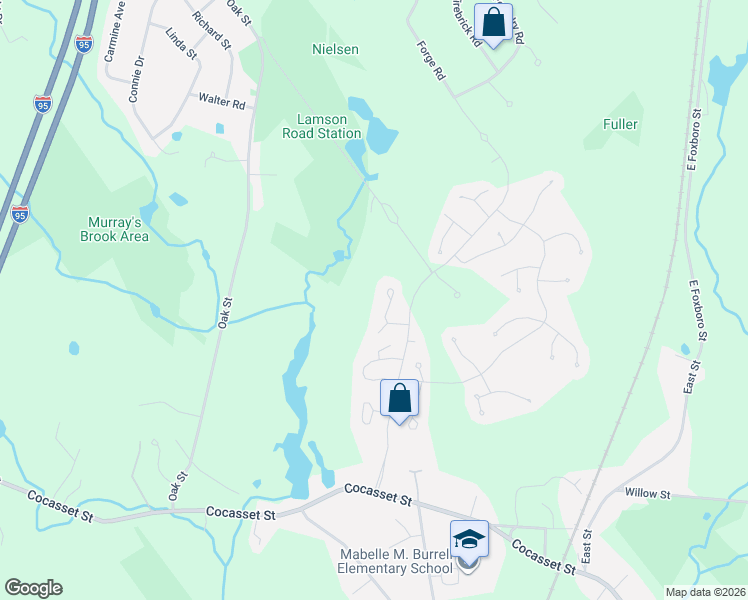 map of restaurants, bars, coffee shops, grocery stores, and more near 134 Cannon Forge Drive in Foxborough