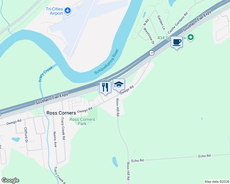 map of restaurants, bars, coffee shops, grocery stores, and more near 2159 Owego Road in Vestal