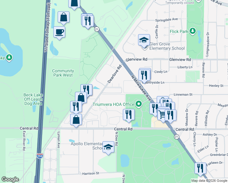 map of restaurants, bars, coffee shops, grocery stores, and more near 10407 Dearlove Road in Glenview