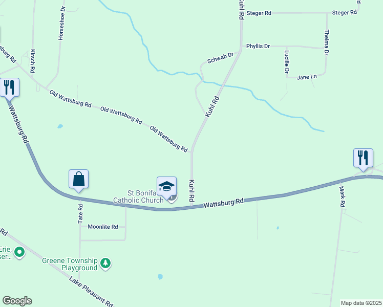 map of restaurants, bars, coffee shops, grocery stores, and more near 10770 Old Wattsburg Road in Erie